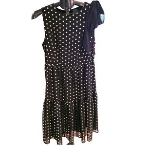 Ann Taylor Loft Ftry Black & Gold Polka Dot Ruffle Shift Dress Sz. 8P Bow Accent
